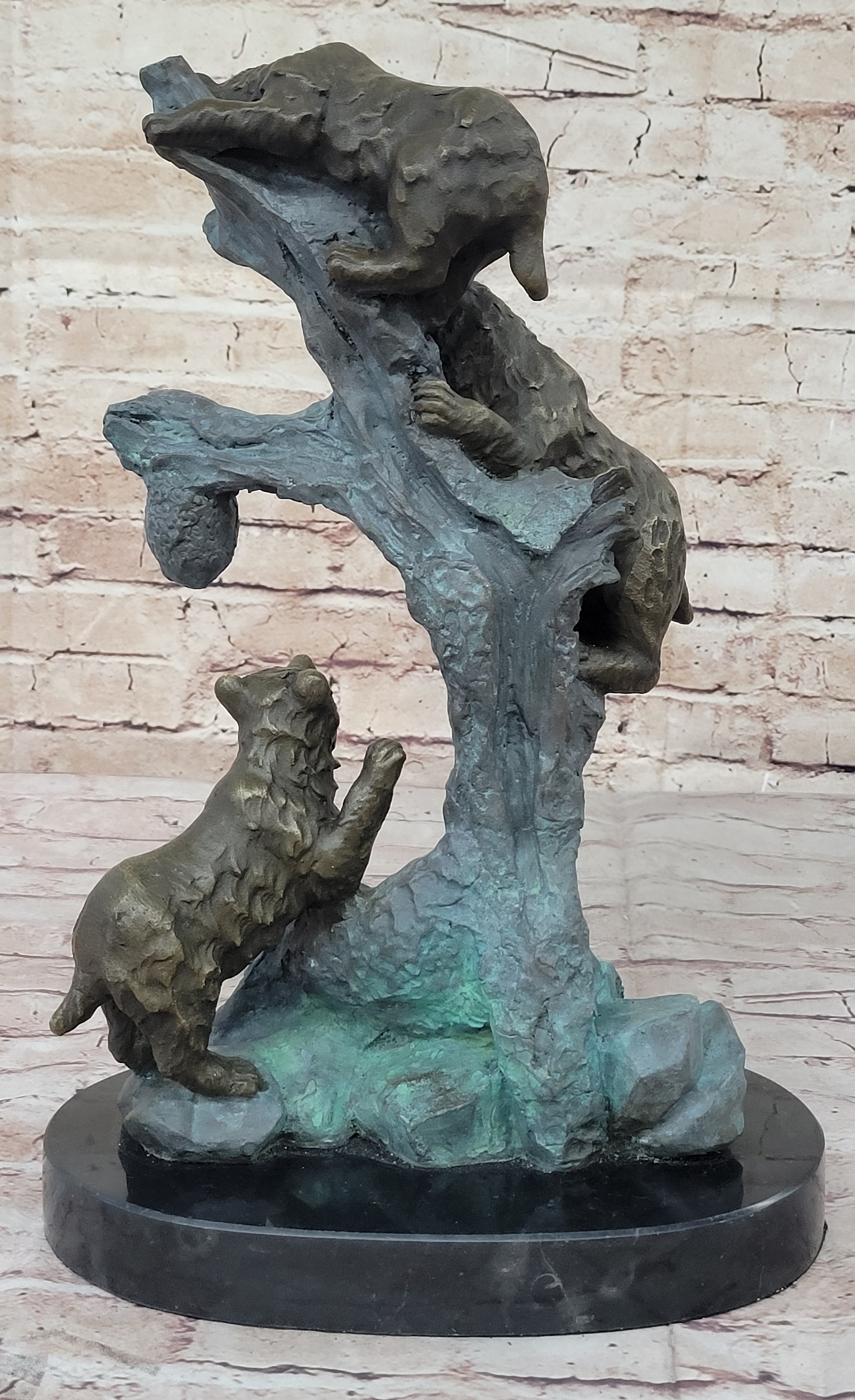 Bear Family Looking for Honey - Bronze Sculpture on Marble Base