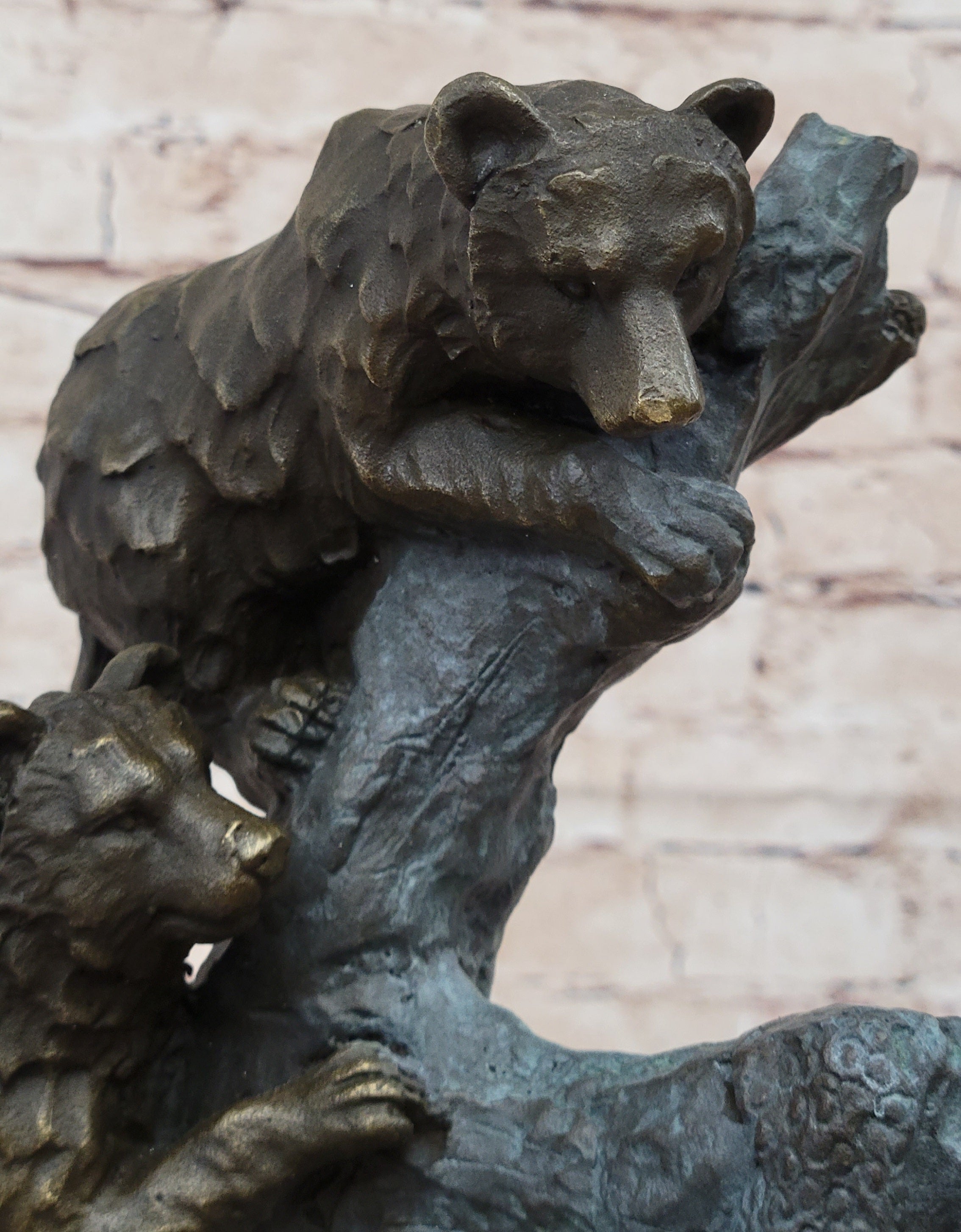 Bear Family Looking for Honey - Bronze Sculpture on Marble Base