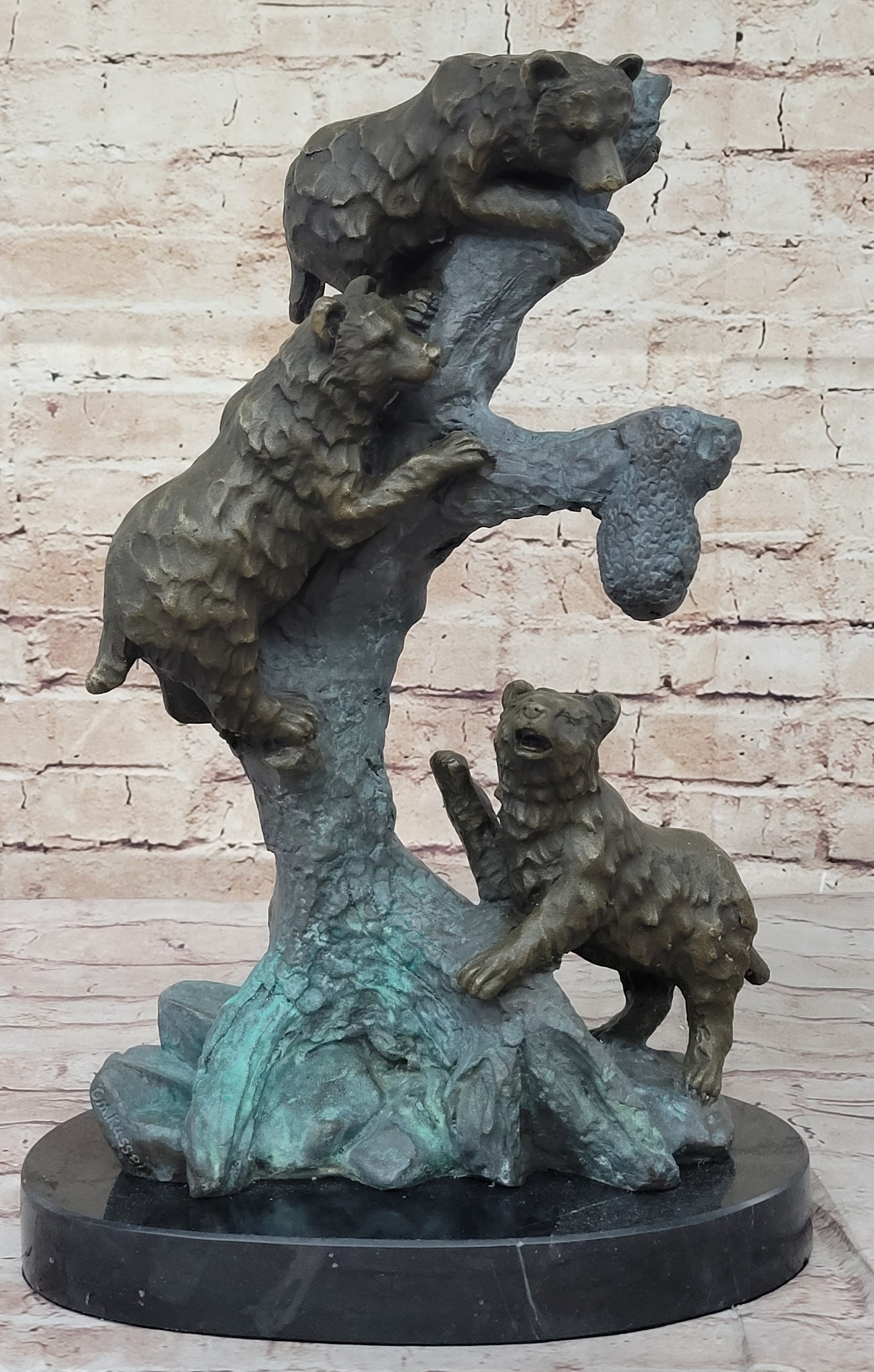 Bear Family Looking for Honey - Bronze Sculpture on Marble Base