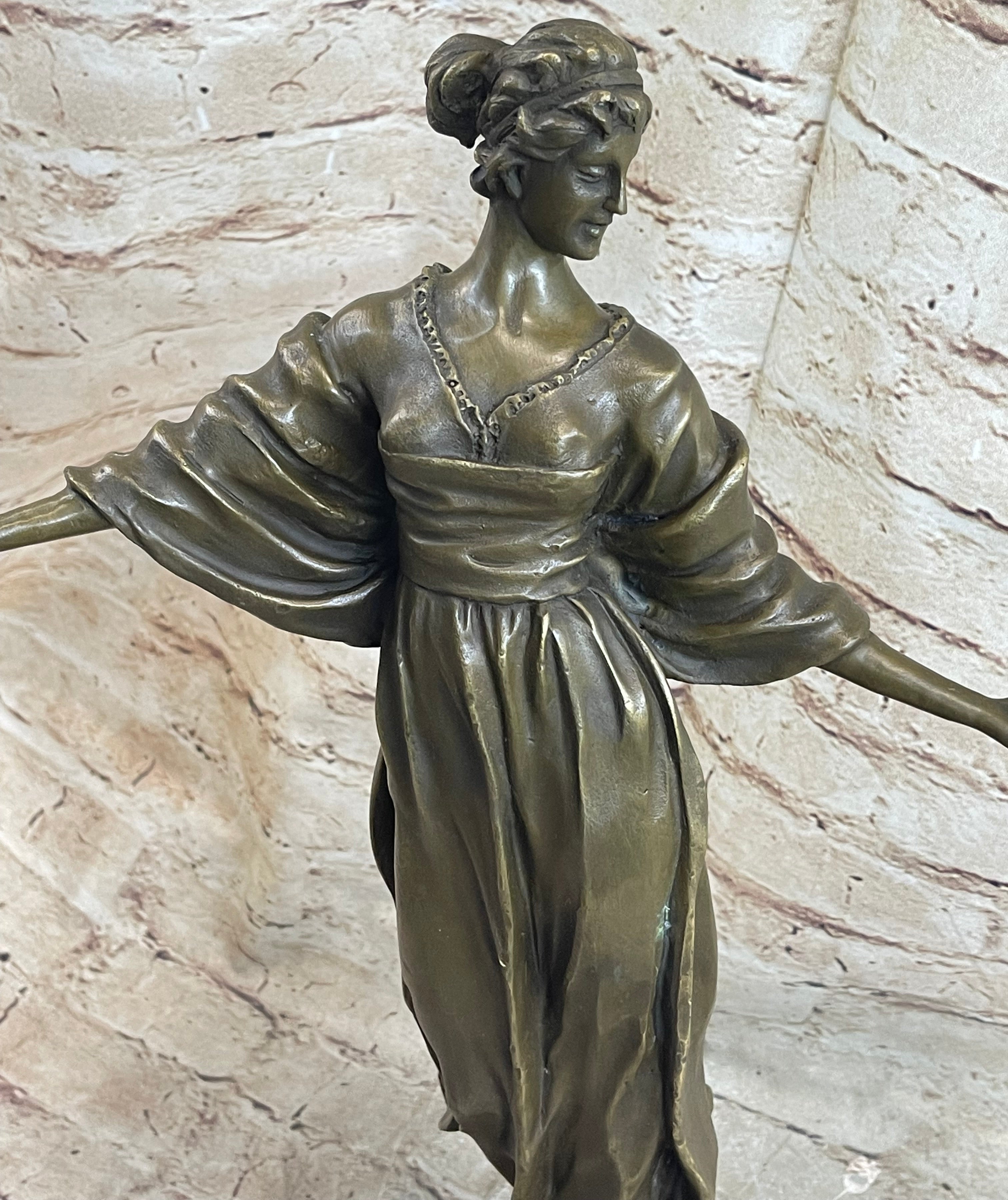 19th Century Woman Holding Mirror Bronze Sculpture 19" x 11"
