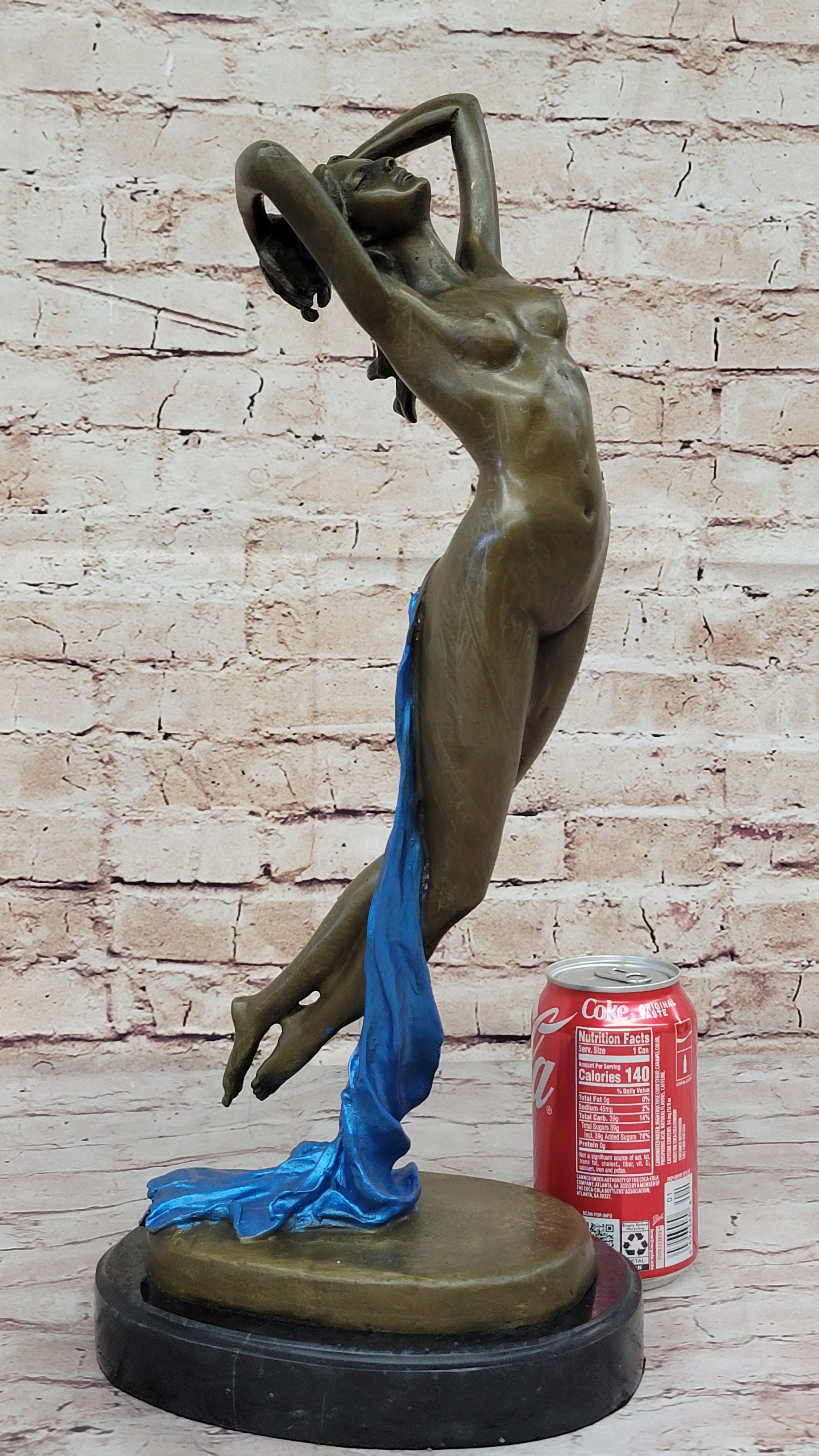 Signed Blue Patina Nude Female Leaping in Air Bronze Sculpture