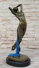 Signed Blue Patina Nude Female Leaping in Air Bronze Sculpture