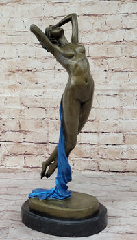 Signed Blue Patina Nude Female Leaping in Air Bronze Sculpture