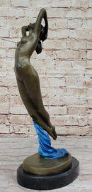 Signed Blue Patina Nude Female Leaping in Air Bronze Sculpture