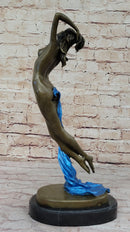 Signed Blue Patina Nude Female Leaping in Air Bronze Sculpture