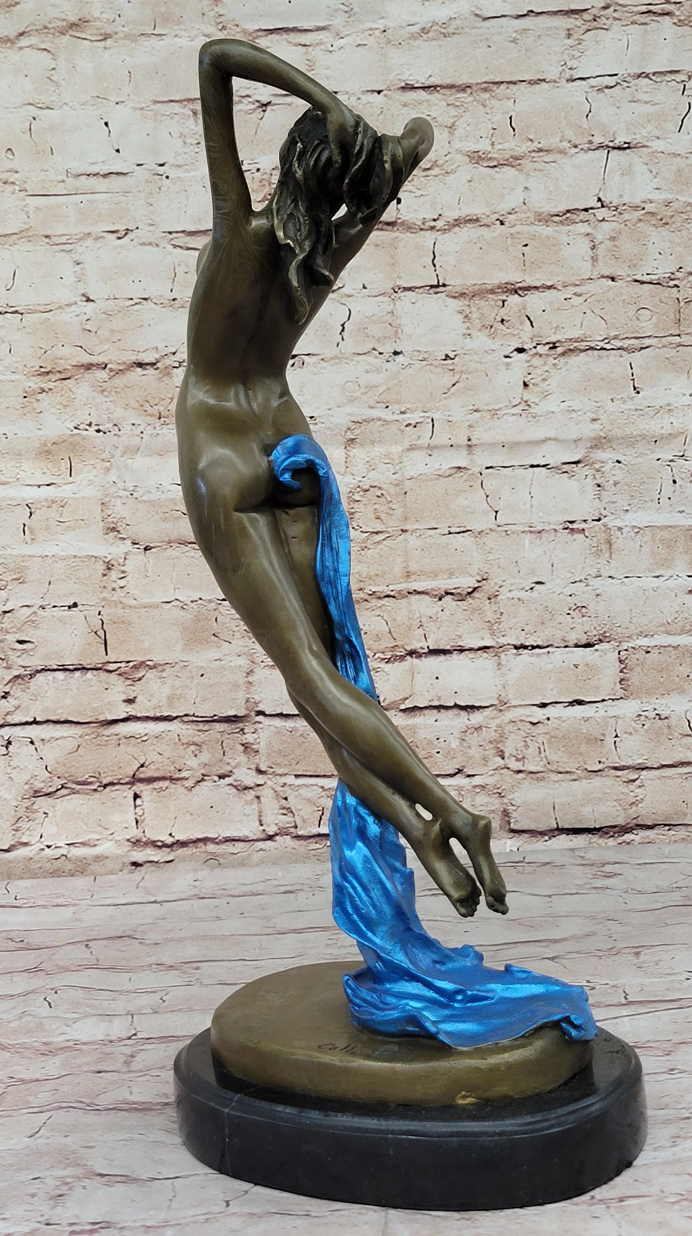 Signed Blue Patina Nude Female Leaping in Air Bronze Sculpture