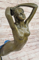 Signed Blue Patina Nude Female Leaping in Air Bronze Sculpture