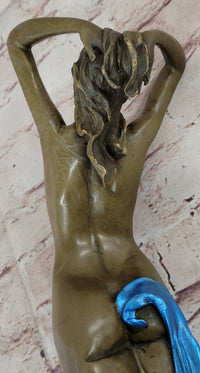 Signed Blue Patina Nude Female Leaping in Air Bronze Sculpture