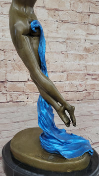 Signed Blue Patina Nude Female Leaping in Air Bronze Sculpture