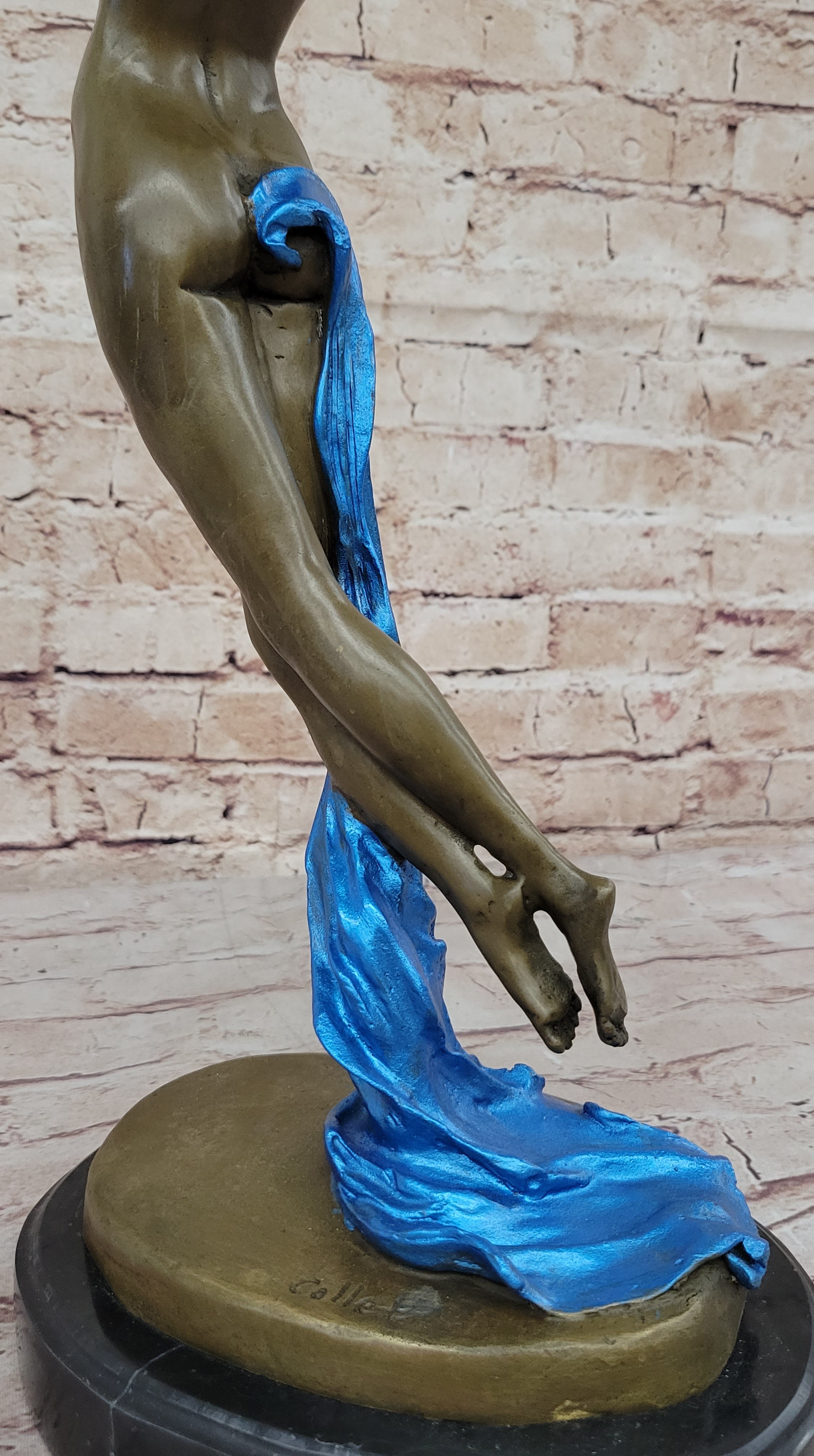Signed Blue Patina Nude Female Leaping in Air Bronze Sculpture