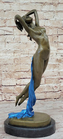 Signed Blue Patina Nude Female Leaping in Air Bronze Sculpture