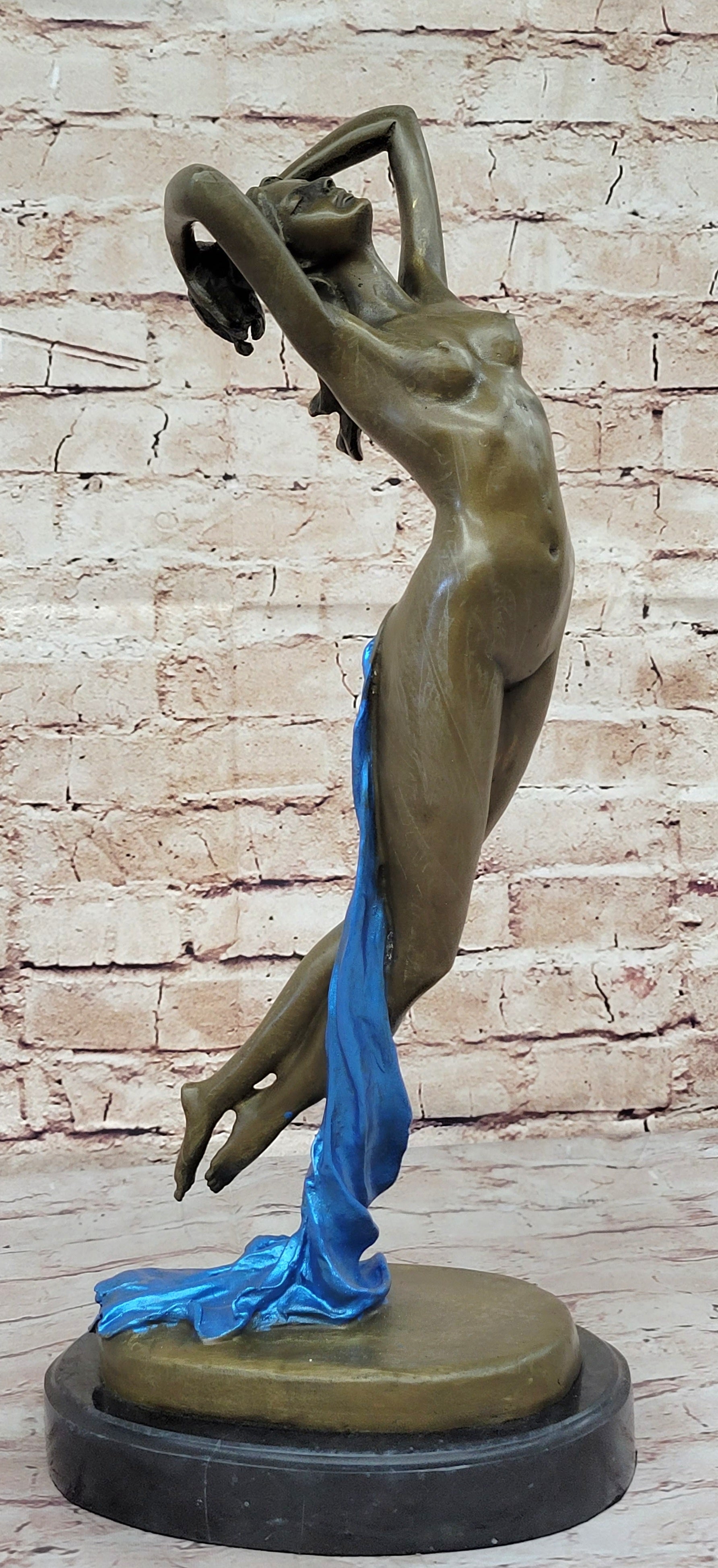 Signed Blue Patina Nude Female Leaping in Air Bronze Sculpture