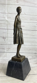Young Woman in Dress With Short Hair Bronze Sculpture on Marble