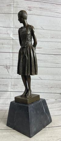 Young Woman in Dress With Short Hair Bronze Sculpture on Marble