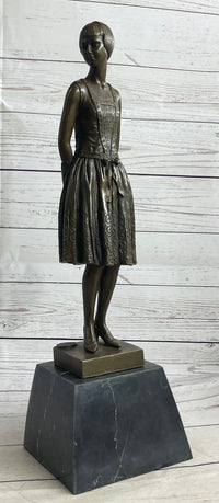 Young Woman in Dress With Short Hair Bronze Sculpture on Marble
