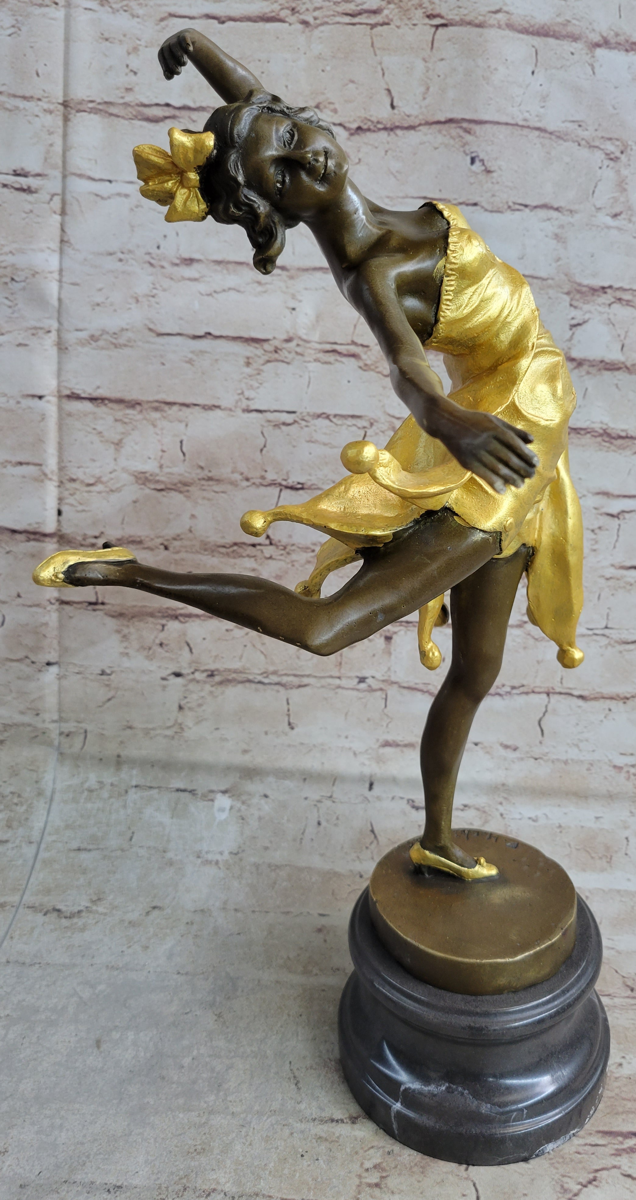 Art Deco Female Dancer with Bow Gold Patina Bronze Sculpture