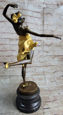 Art Deco Female Dancer with Bow Gold Patina Bronze Sculpture