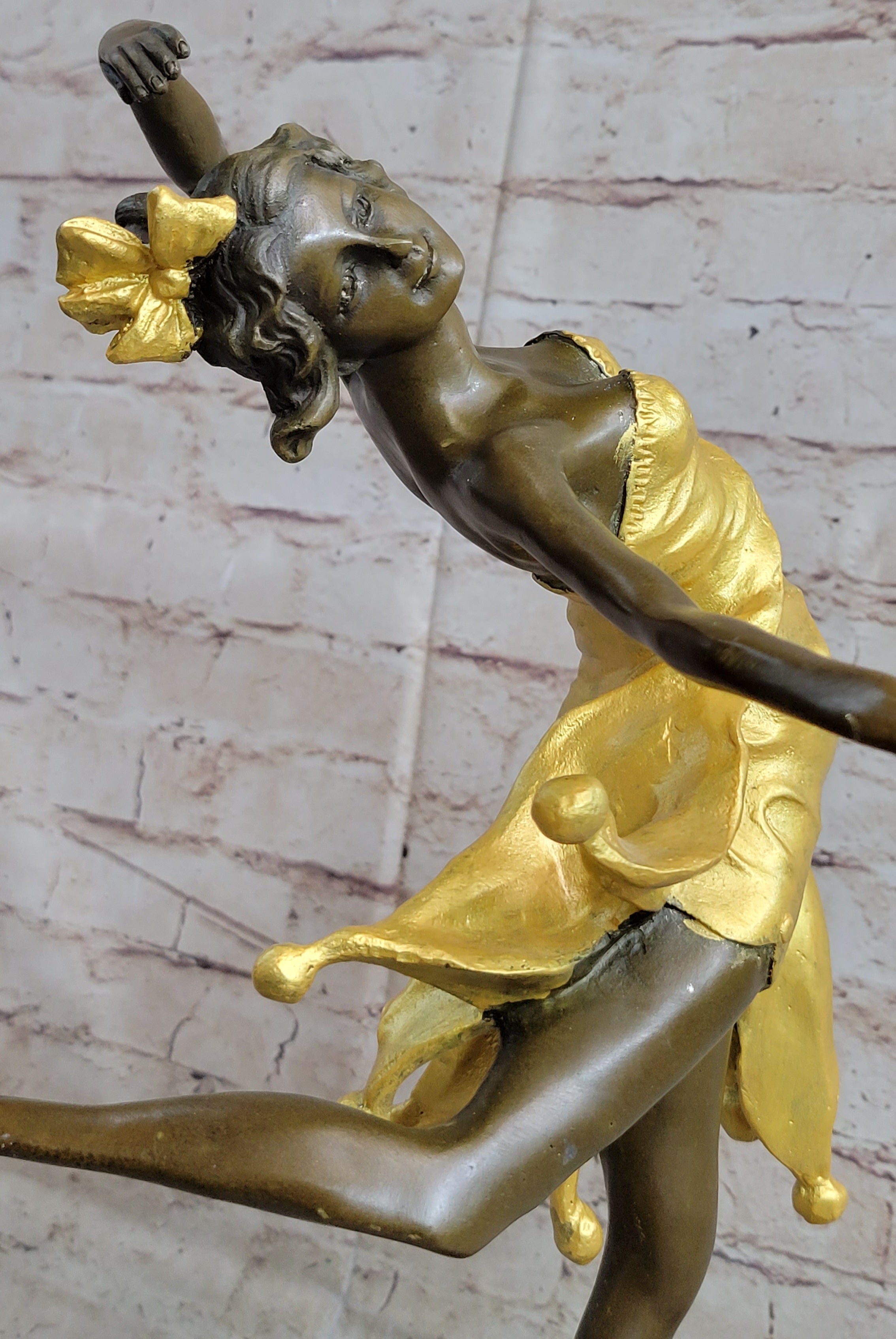 Art Deco Female Dancer with Bow Gold Patina Bronze Sculpture