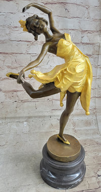 Art Deco Female Dancer with Bow Gold Patina Bronze Sculpture