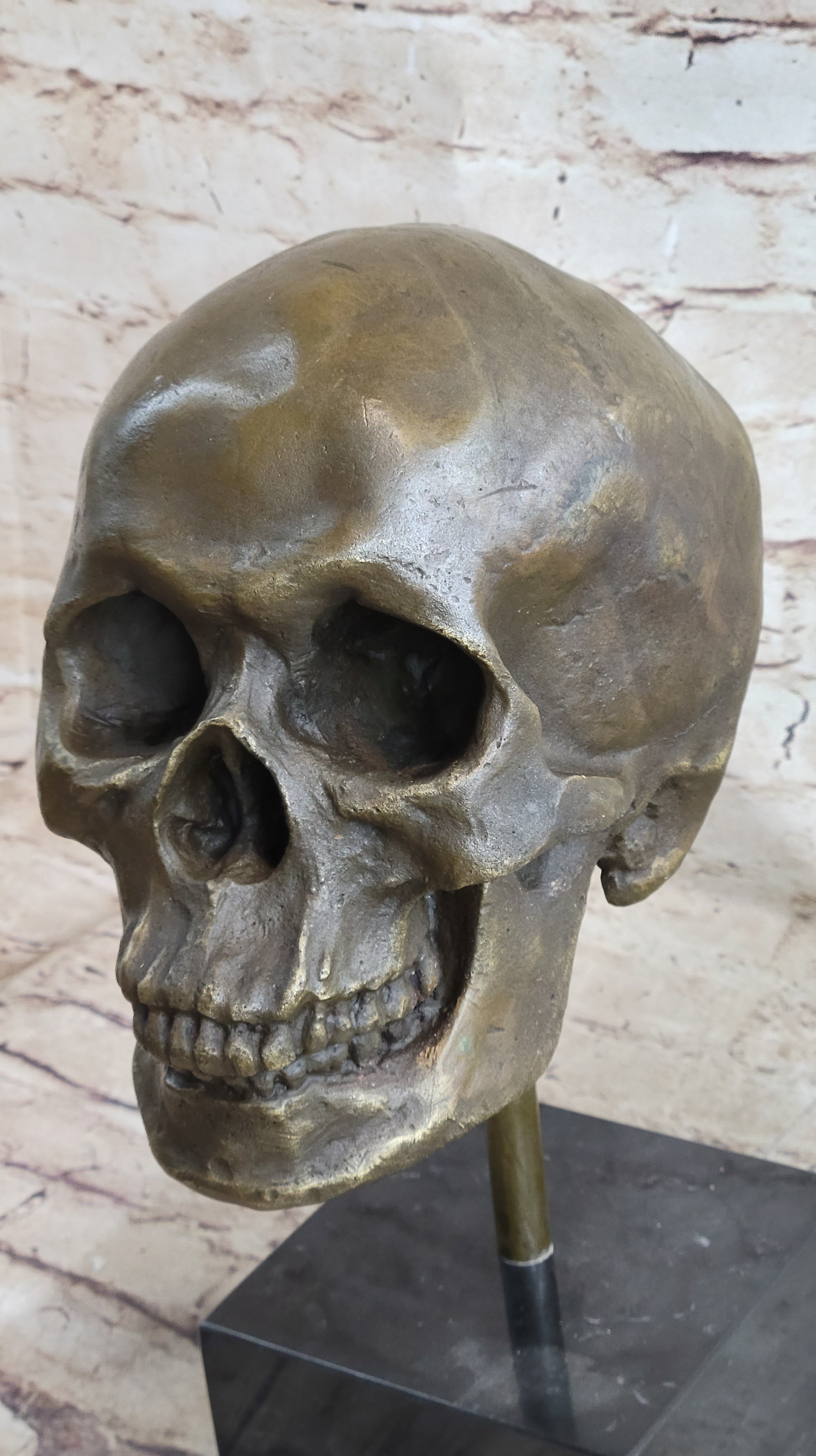 Hot Cast Bronze Skull Skeleton Metal Bust on Marble Base Milo