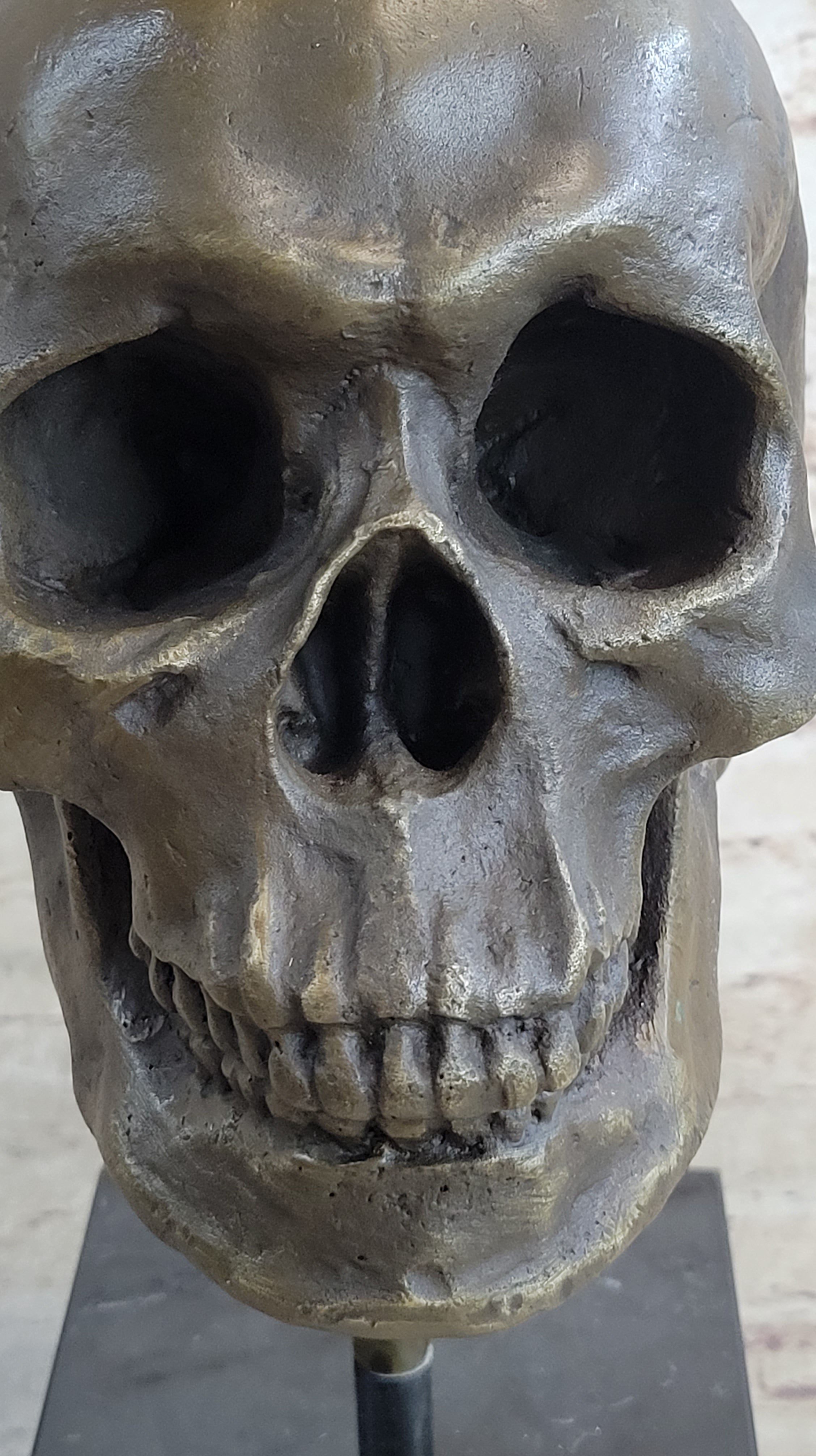 Hot Cast Bronze Skull Skeleton Metal Bust on Marble Base Milo