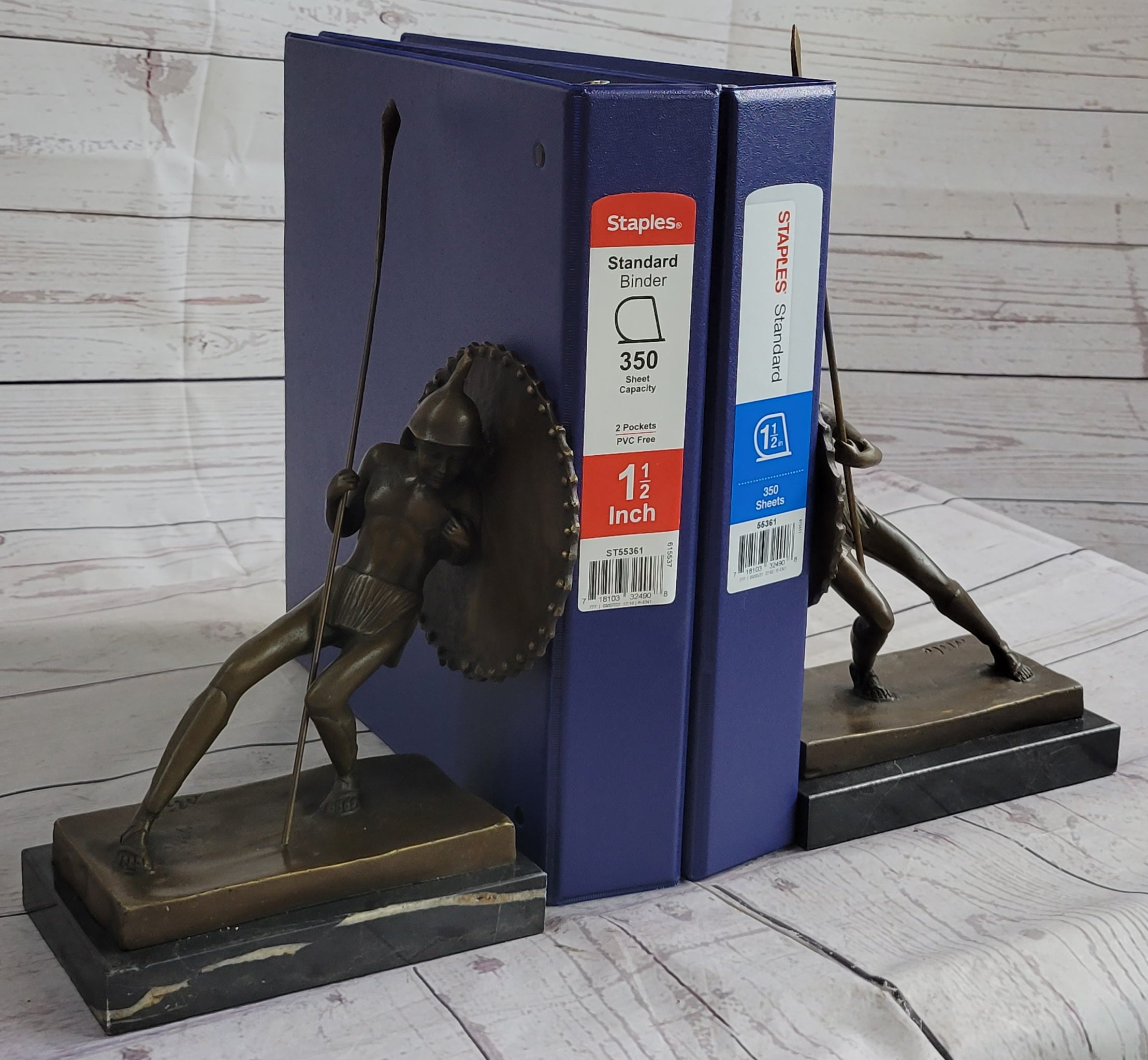 Gladiator with Shield & Spear Bronze Metal Bookend Sculptures 11" x 9"