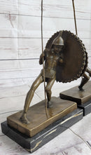 Gladiator with Shield & Spear Bronze Metal Bookend Sculptures 11" x 9"