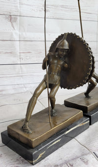 Gladiator with Shield & Spear Bronze Metal Bookend Sculptures 11" x 9"