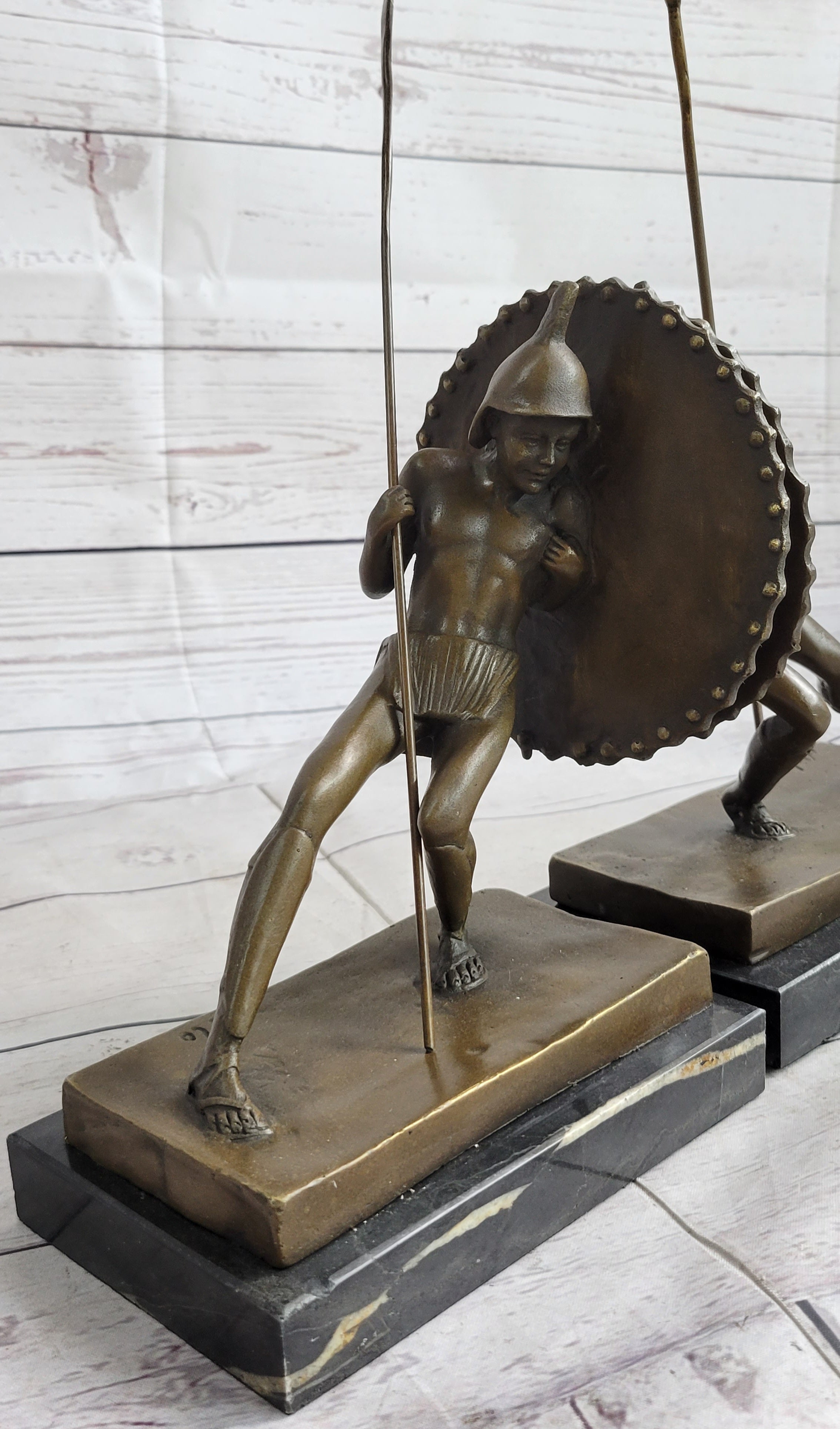 Gladiator with Shield & Spear Bronze Metal Bookend Sculptures 11" x 9"