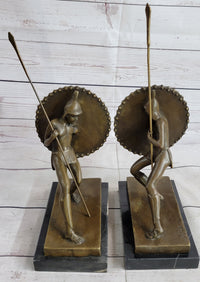 Gladiator with Shield & Spear Bronze Metal Bookend Sculptures 11" x 9"