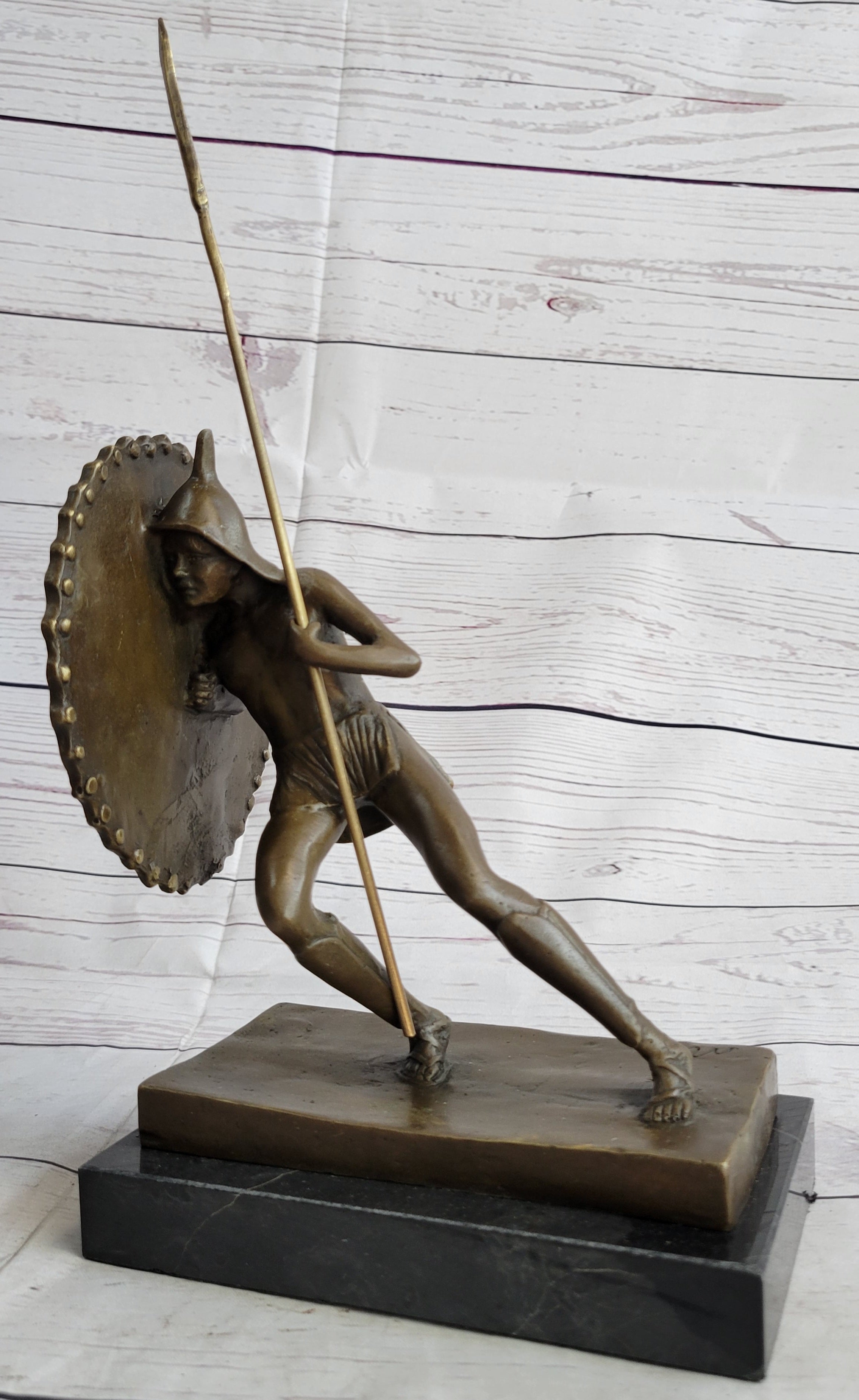 Gladiator with Shield & Spear Bronze Metal Bookend Sculptures 11" x 9"