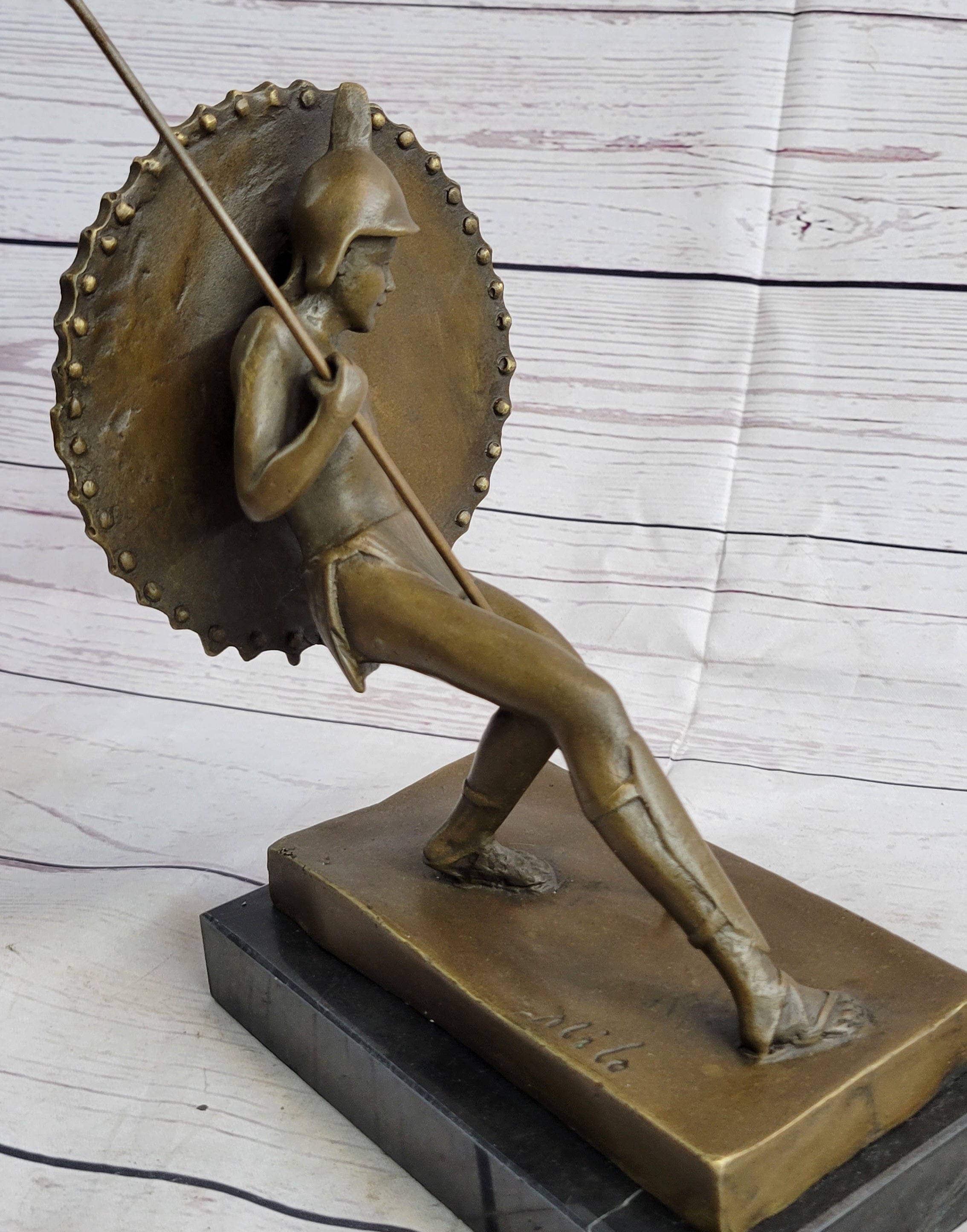 Gladiator with Shield & Spear Bronze Metal Bookend Sculptures 11" x 9"