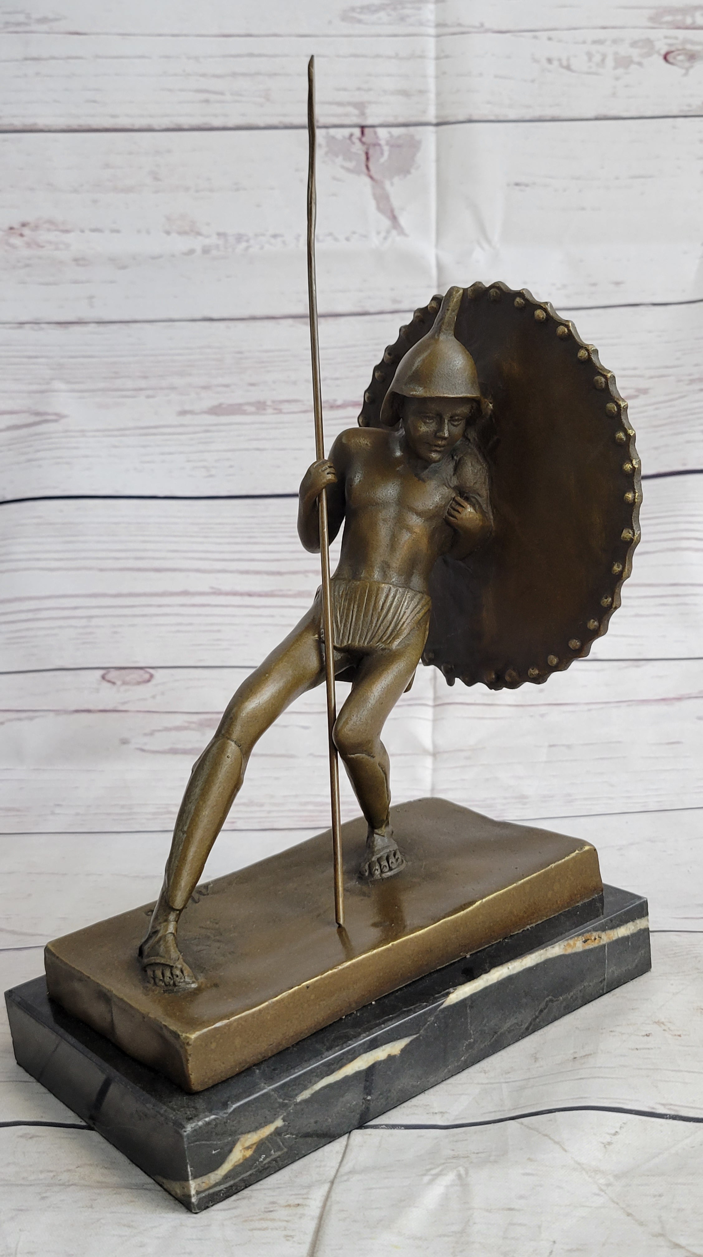 Gladiator with Shield & Spear Bronze Metal Bookend Sculptures 11" x 9"