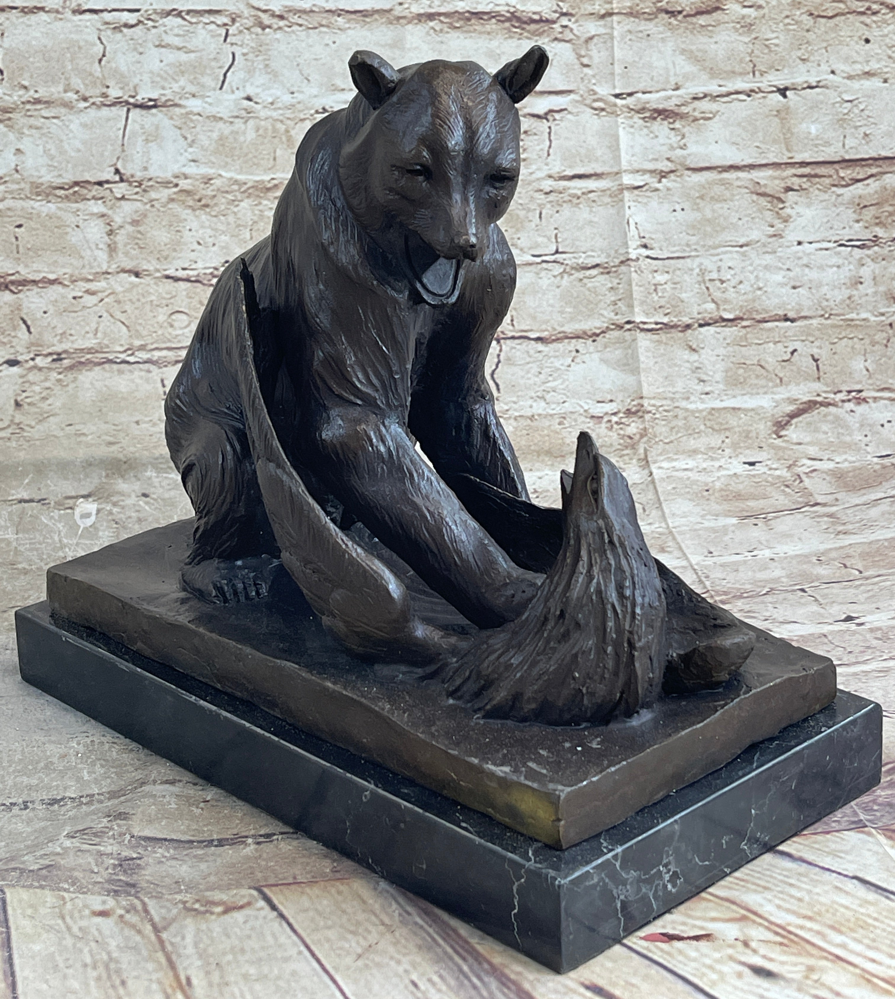 Signed Barye Bear Attacking Eagle Bronze Sculpture
