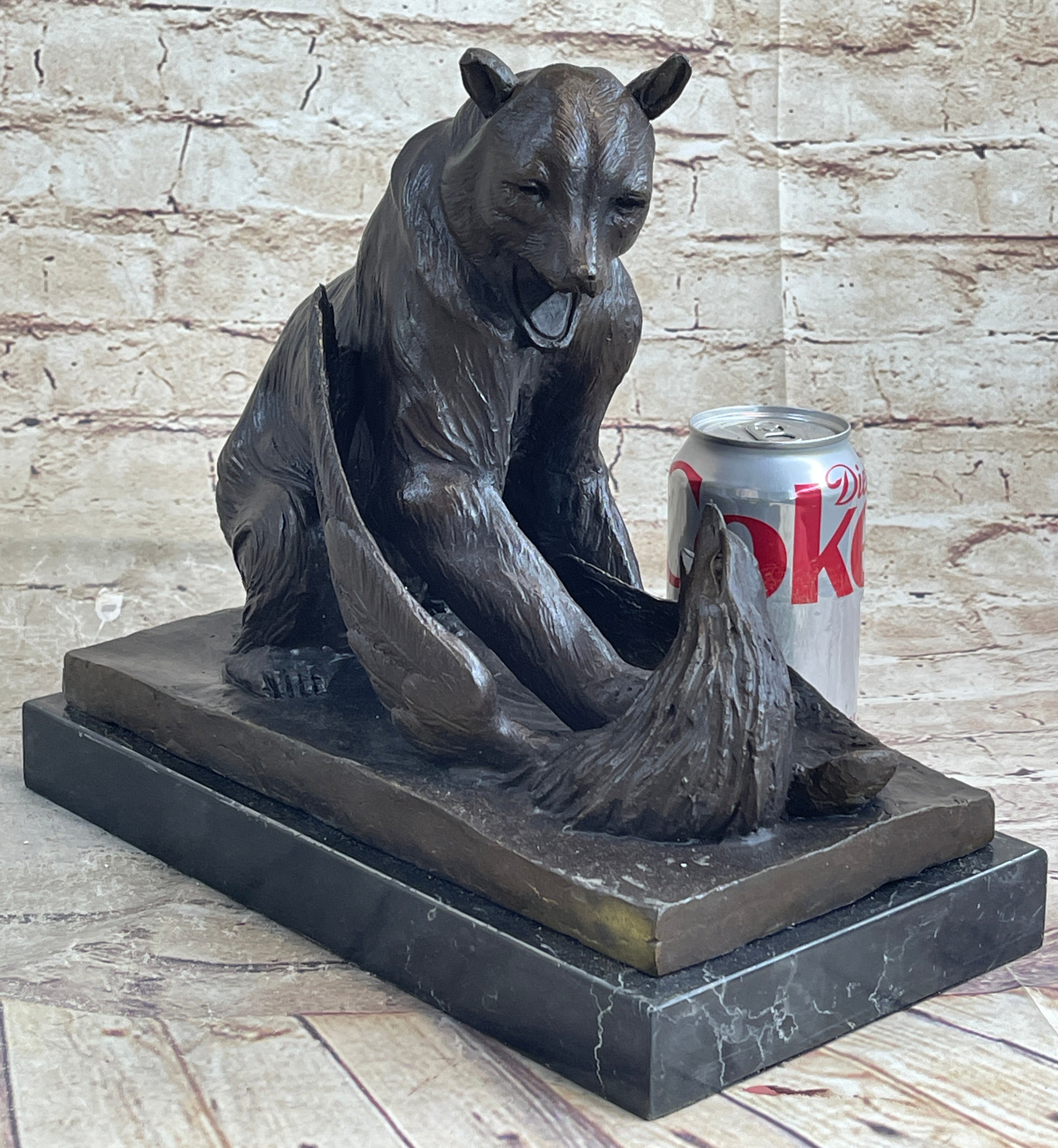 Signed Barye Bear Attacking Eagle Bronze Sculpture