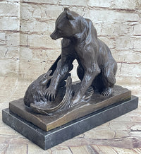 Signed Barye Bear Attacking Eagle Bronze Sculpture