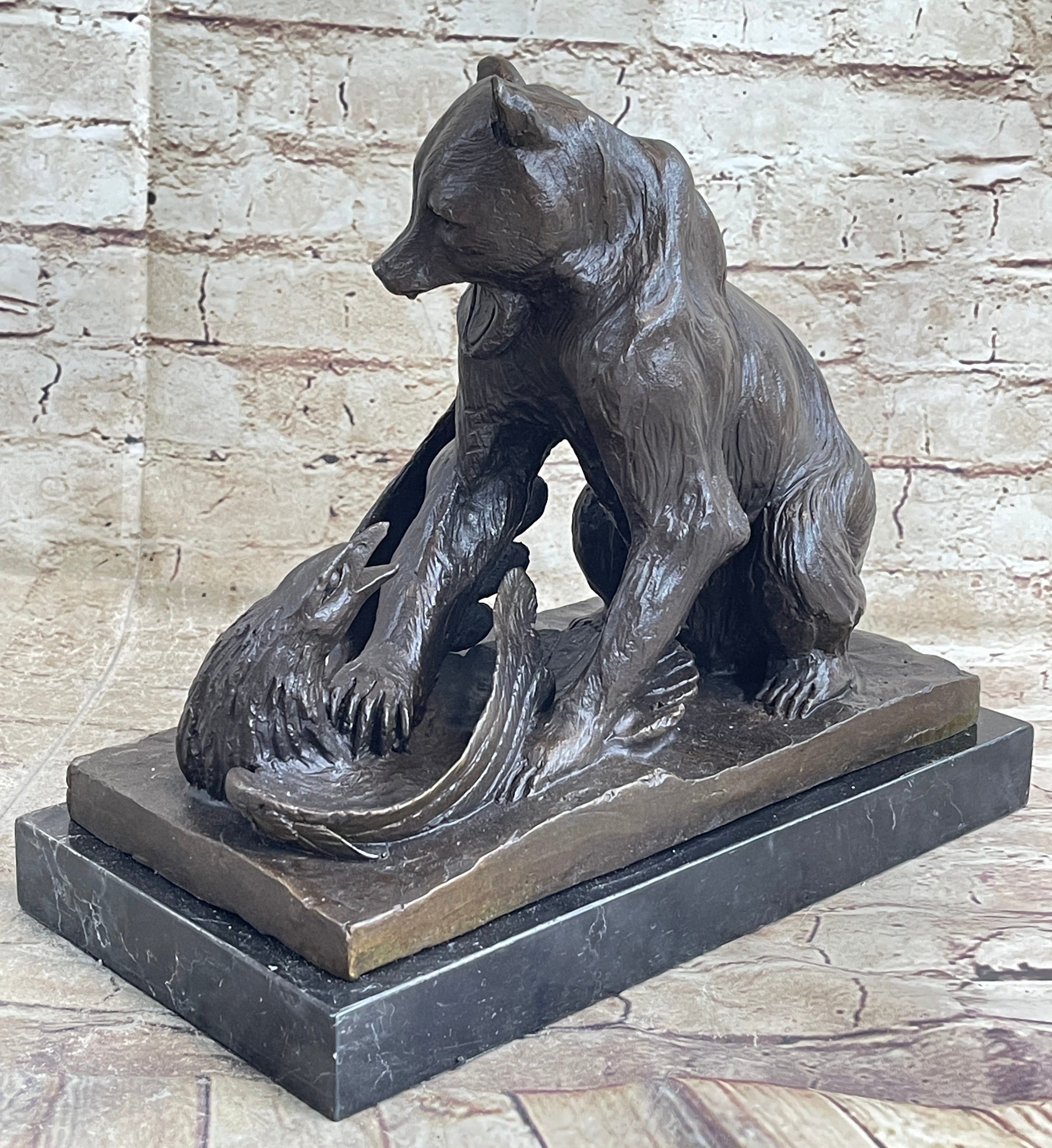 Signed Barye Bear Attacking Eagle Bronze Sculpture
