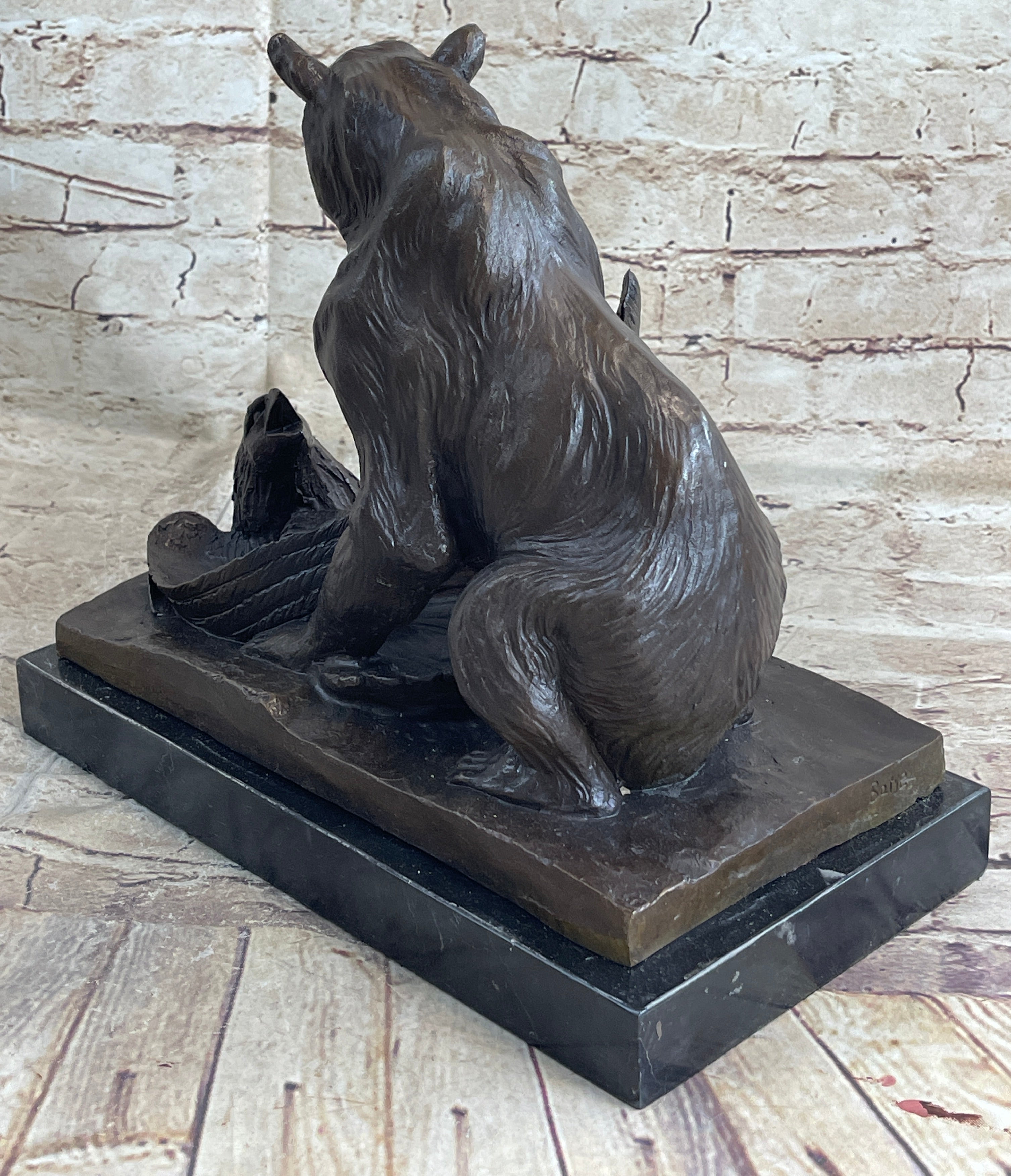 Signed Barye Bear Attacking Eagle Bronze Sculpture