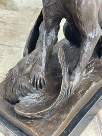 Signed Barye Bear Attacking Eagle Bronze Sculpture