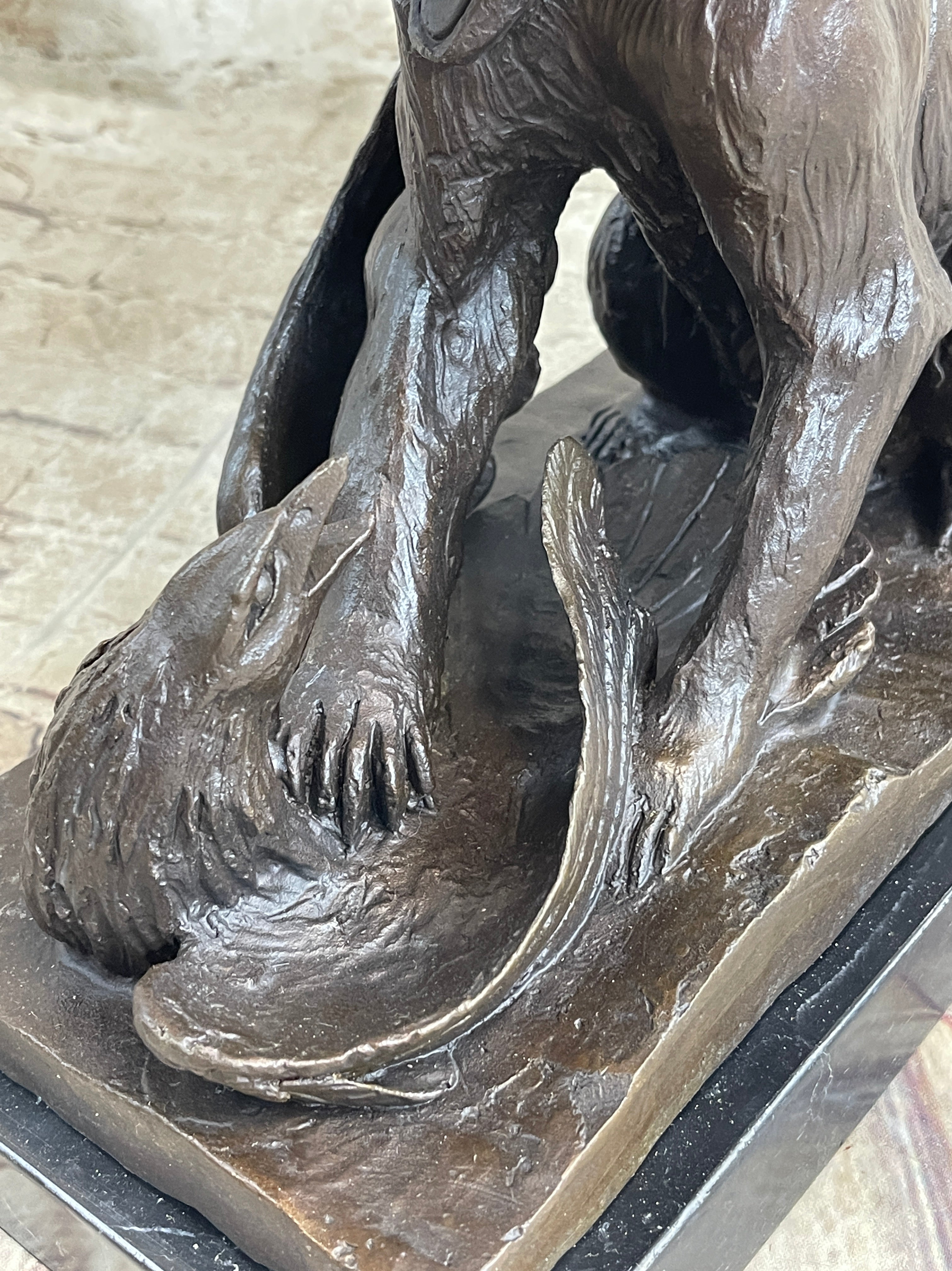 Signed Barye Bear Attacking Eagle Bronze Sculpture