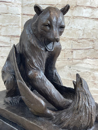 Signed Barye Bear Attacking Eagle Bronze Sculpture