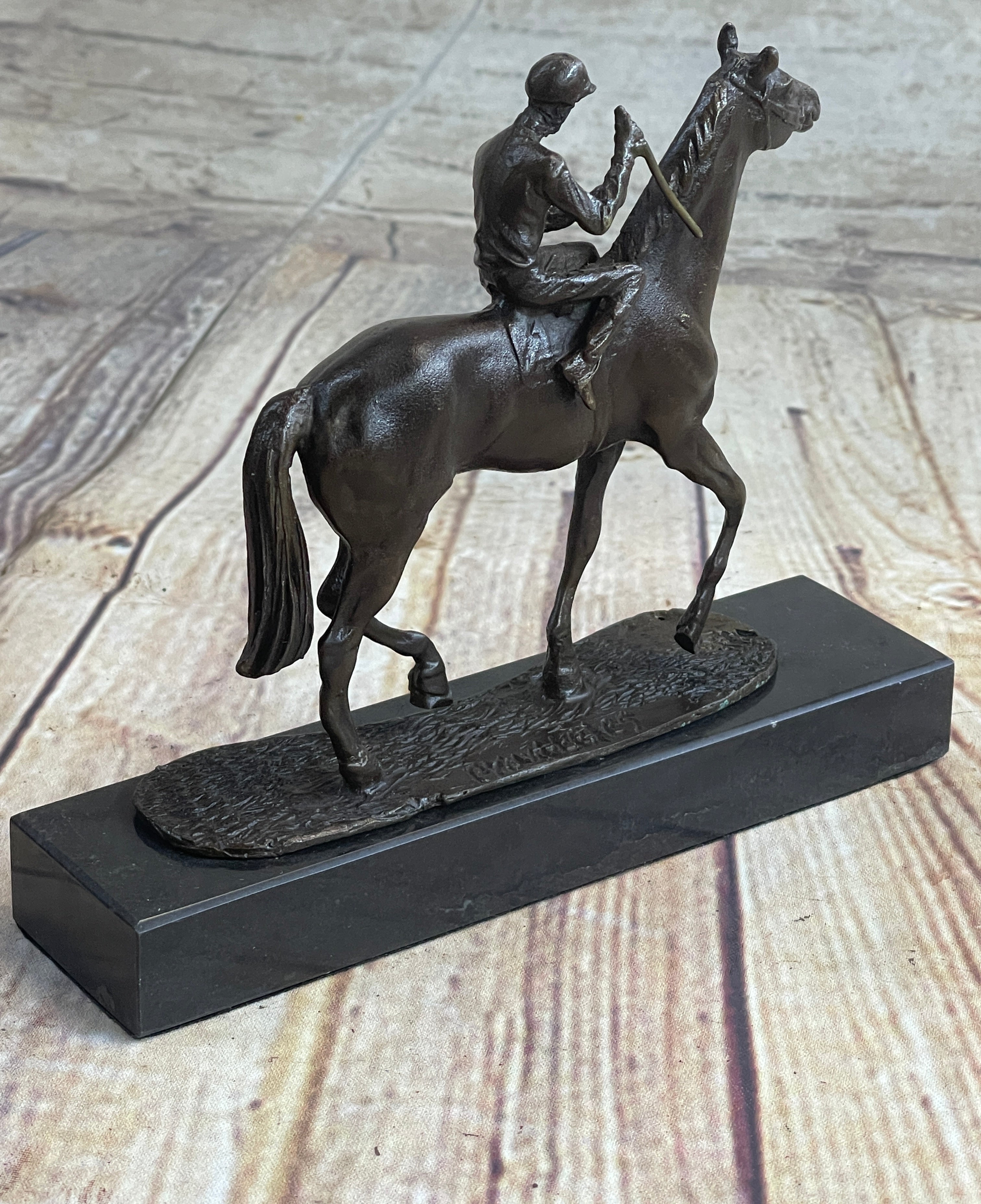 Miniature Jockey on Horse Bronze Sculpture 6" x 6"