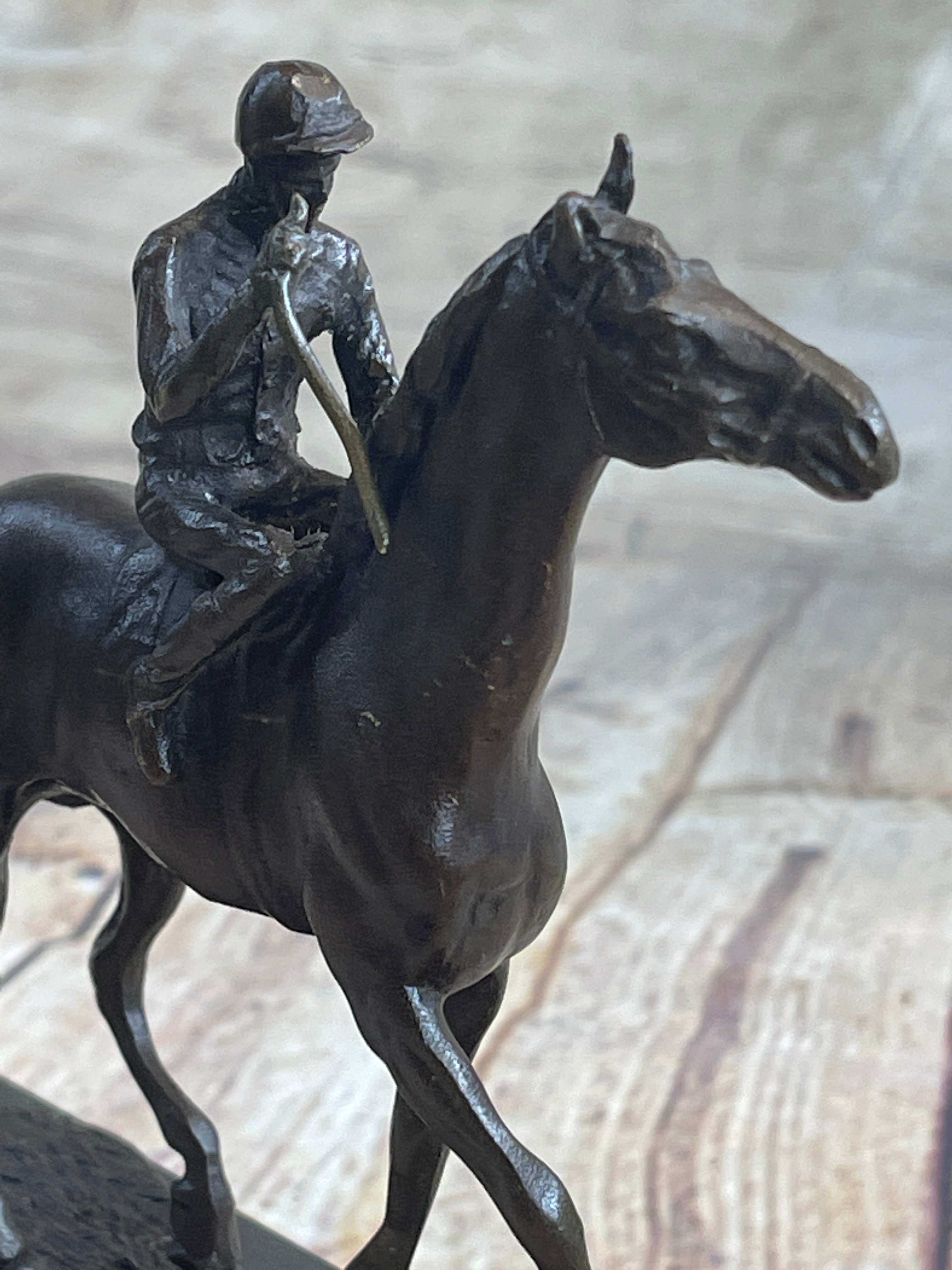 Miniature Jockey on Horse Bronze Sculpture 6" x 6"