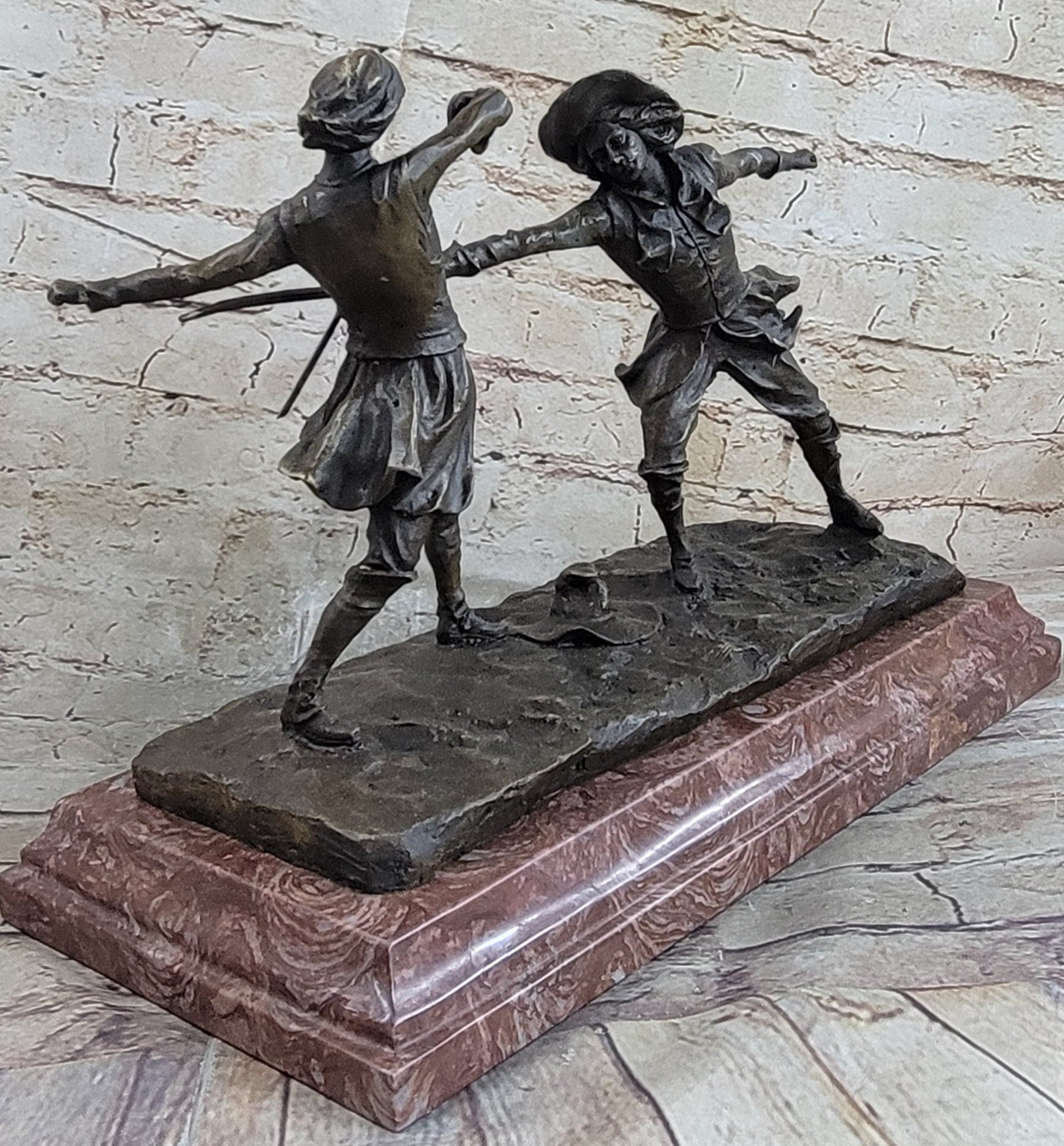 Fencing Duel Swordsmen Bronze Sculpture Rose Marble Base