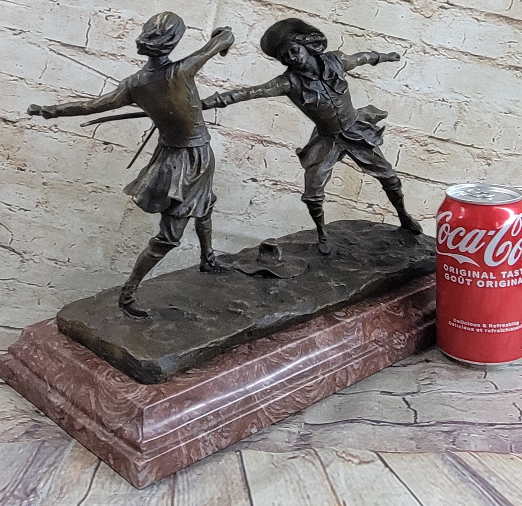 Fencing Duel Swordsmen Bronze Sculpture Rose Marble Base