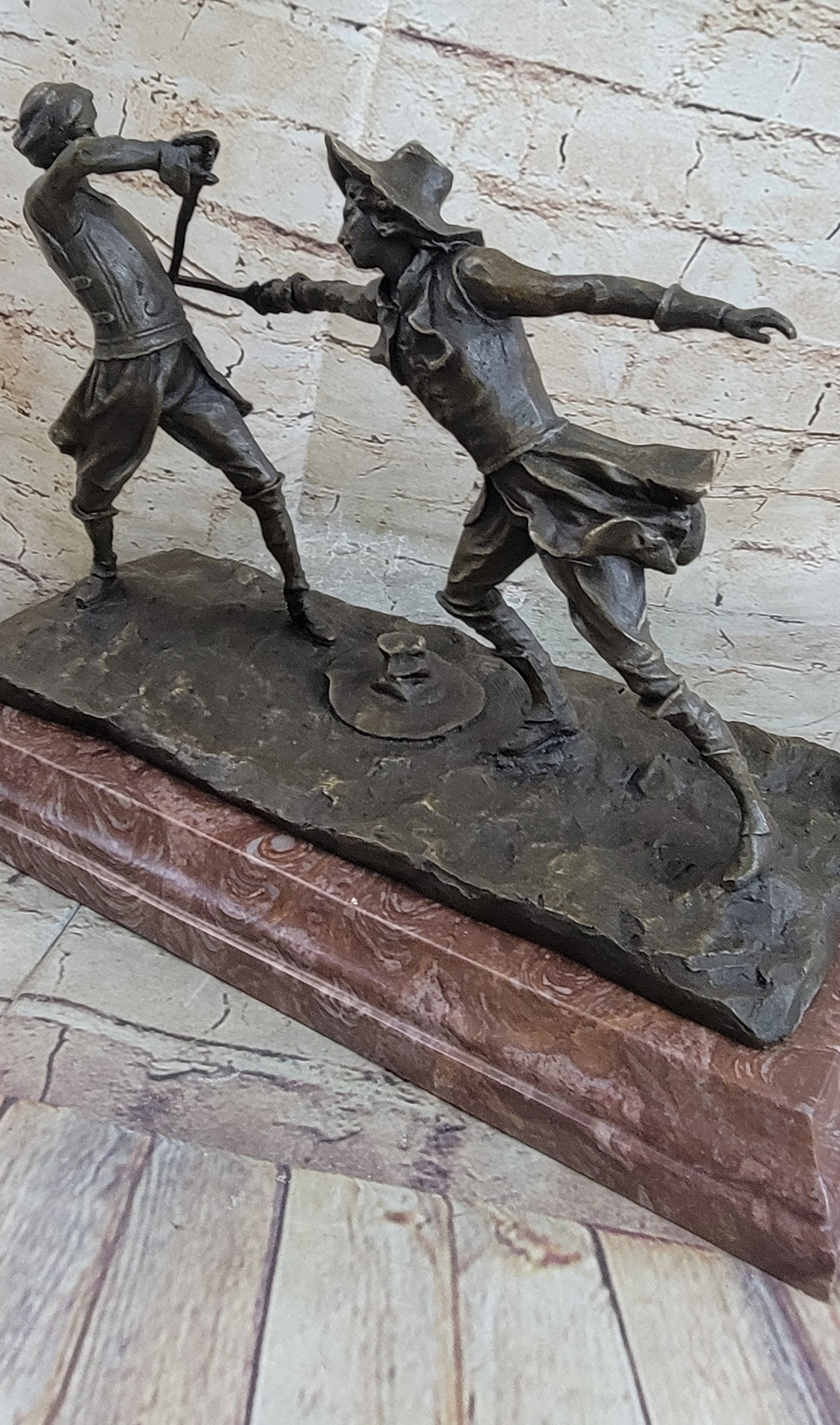 Fencing Duel Swordsmen Bronze Sculpture Rose Marble Base