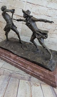 Fencing Duel Swordsmen Bronze Sculpture Rose Marble Base