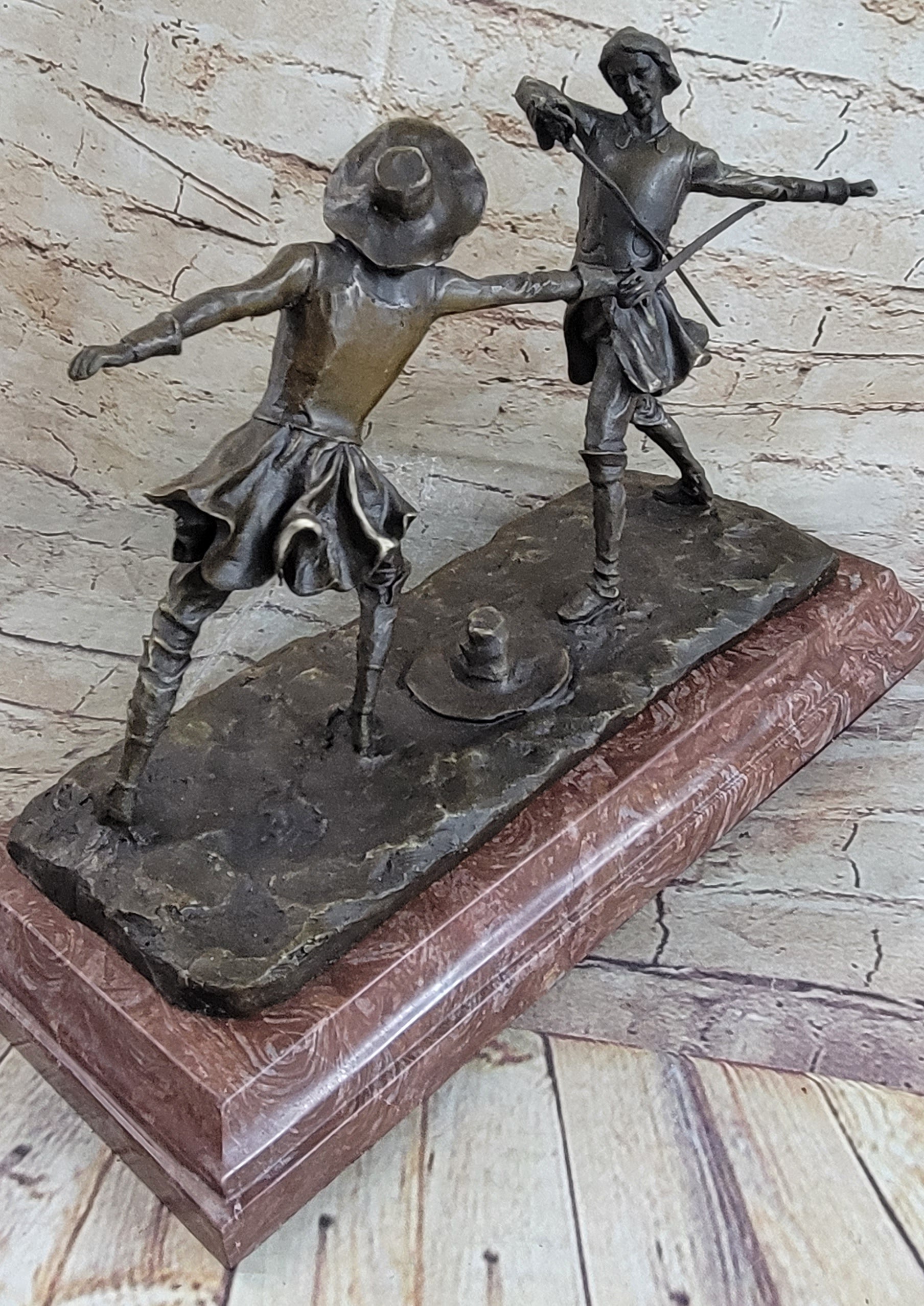 Fencing Duel Swordsmen Bronze Sculpture Rose Marble Base
