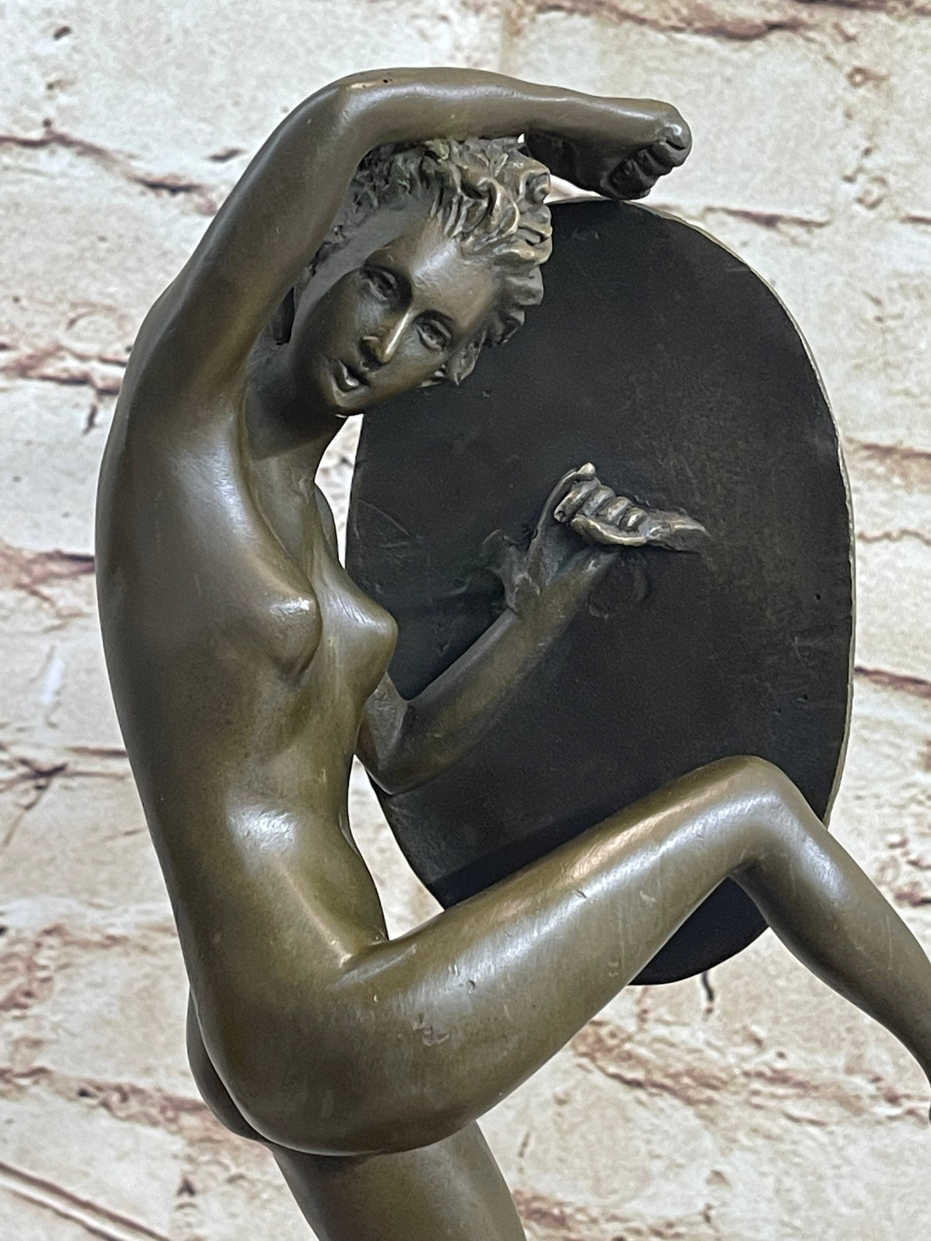 Nude Lady Justice w/ Sword & Shield Standing on Lion Pelt Bronze Statue Sculpture 15" x 7.5"