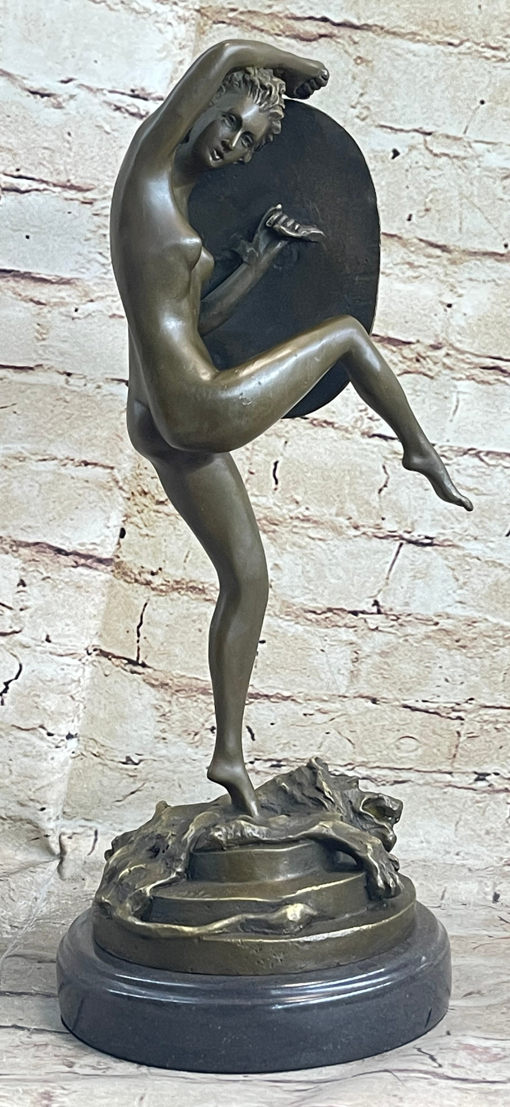 Nude Lady Justice w/ Sword & Shield Standing on Lion Pelt Bronze Statue Sculpture 15" x 7.5"